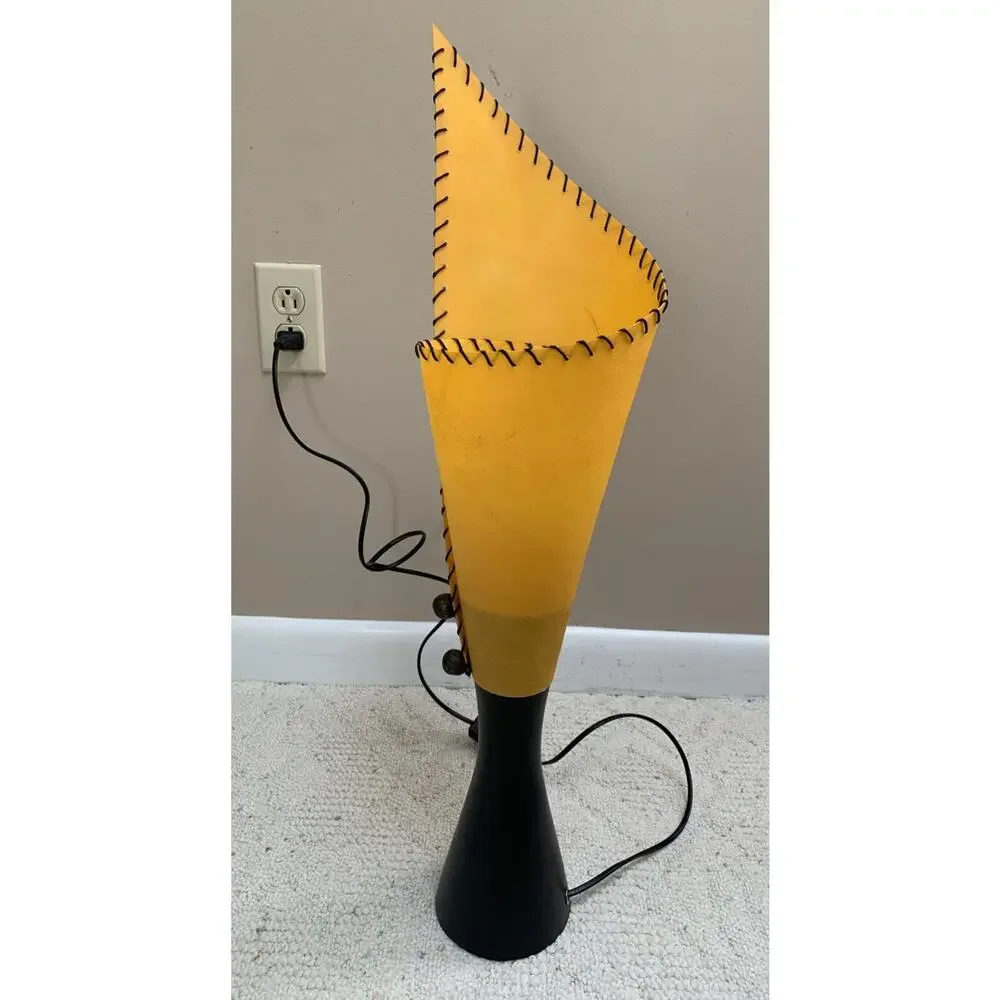 MCM Boho Style Sculptural Wood Abstract Table Lamp Yellow Gold Shade 26” Tall